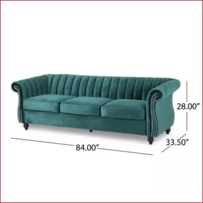 Green Velvet Chesterfield Sofa in Bowie 84 In. Flared Arm Nailhead Trim Sofa in Teal