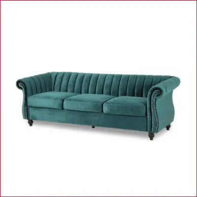 Tufted teal velvet Bowie 84 inch flared arm nailhead trim sofa for stylish rooms