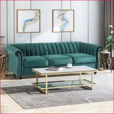 Tufted teal velvet Bowie 84 In. flared arm nailhead trim sofa for stylish interiors