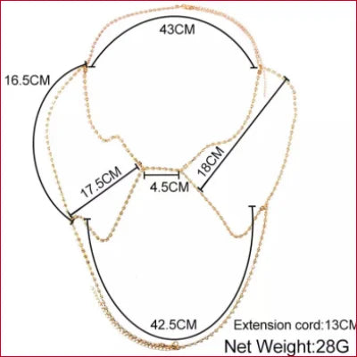 Diagram showing measurements of a multi-strand breast cleavage contour rhinestone necklace