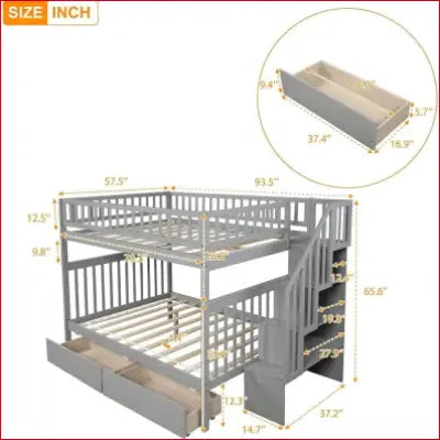 Gray solid wood bunk beds with dimensions, featuring slat kit and built-in drawers