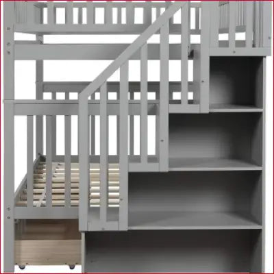 Gray solid wood bunk beds with staircase and drawers, featuring slat kit and guardrail