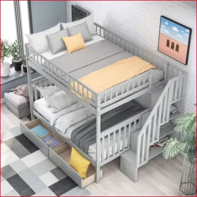 Gray solid wood bunk beds with storage stairs and slat kit, perfect for space-saving solutions