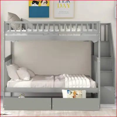 Gray solid wood bunk beds with stairs and slat kit, full over full size design