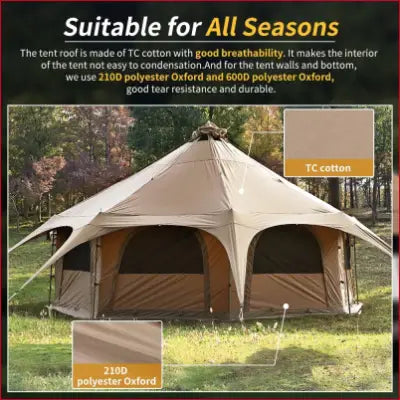 Tan Canvas Tent for 8 people, stove jack bell tent ideal for luxury glamping and camping