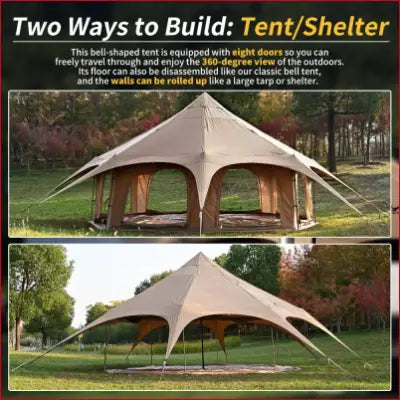 Bell Tent with Eight Doors and Roll-Up Walls for Camping and Glamping, Canvas Tent with Stove Jack Bell