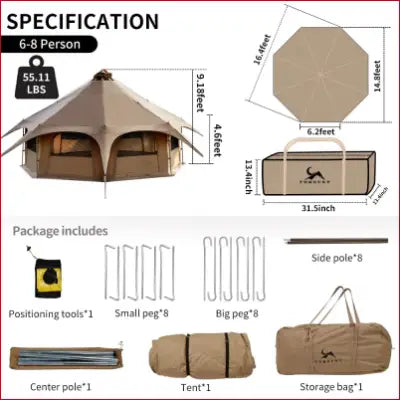 Tent specification diagram for Canvas Tent 8-Person Yurt Tent with Stove Jack Bell