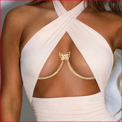 White halter top featuring Cleavage Butterfly Rhinestones Jewelry accessory