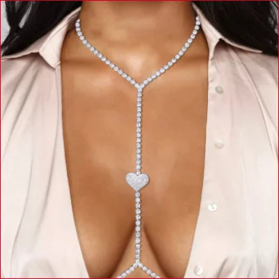 Elegant Diamond necklace with heart jewelry pendant, featuring rhinestones cleavage style