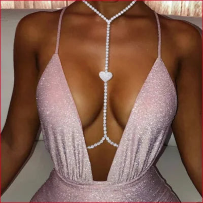 Sparkly pink halter dress with rhinestones cleavage heart jewelry and pearl body chain