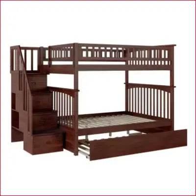 Brown wooden Columbia Staircase Walnut Full over Full Bunk Bed with Twin Urban Trundle