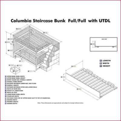 Columbia Staircase Walnut Full over Full Bunk Bed with Twin Urban Trundle dimensions