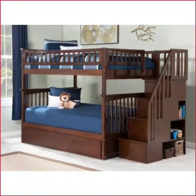 Wooden Columbia Staircase Walnut Full over Full Bunk Bed with Twin Urban Trundle Bed