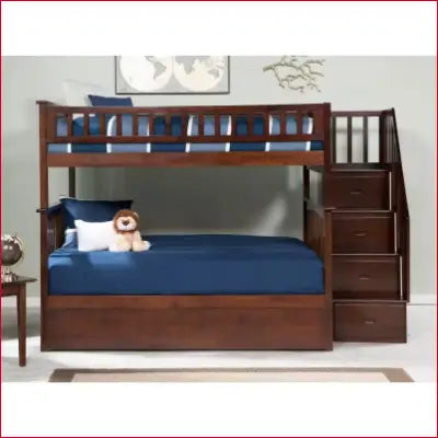 Wooden Columbia Staircase Walnut Full over Full Bunk Bed with Twin Urban Trundle Bed