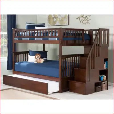 Wooden Columbia Staircase Walnut Full over Full Bunk Bed with Twin Urban Trundle Bed