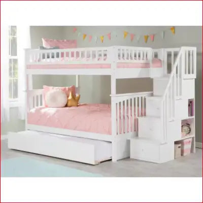 Columbia Staircase White Full over Full Bunk Bed with Twin Urban Trundle Bed and stairs