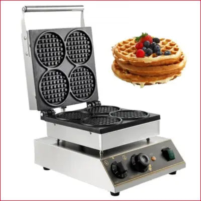 Commercial Electric Mini Round Waffle Maker showcasing delicious golden waffles