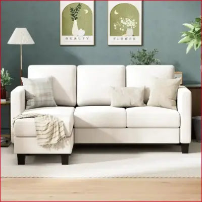 White convertible sectional sofa couch with linen fabric and movable ottoman for small spaces