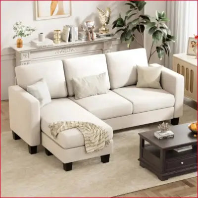 Beige convertible sectional sofa couch with throw pillows in linen fabric design