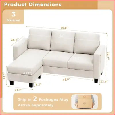 Beige convertible sectional sofa couch with dimensions and movable ottoman in linen fabric