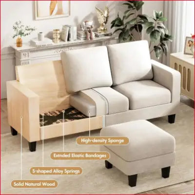 Beige loveseat with ottoman featuring exposed details in a convertible sectional sofa