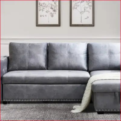 Gray sofa bed sectional with ottoman for living room, featuring a pull-out sleeper