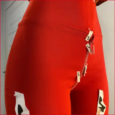 Bright red skirt with decorative zipper and cutout details for Crotch Zipper Red Leggings