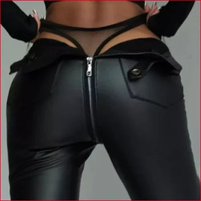 Tight black leather pants with fleece lining and crotch zipper for women’s styling