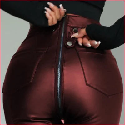 Burgundy leather pants with back zipper in fleece lining crotch zipper women’s leggings