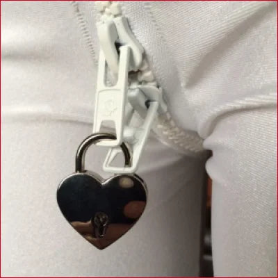 Heart-shaped padlock on a white zipper of Red Crotch Zipper Leather Leggings