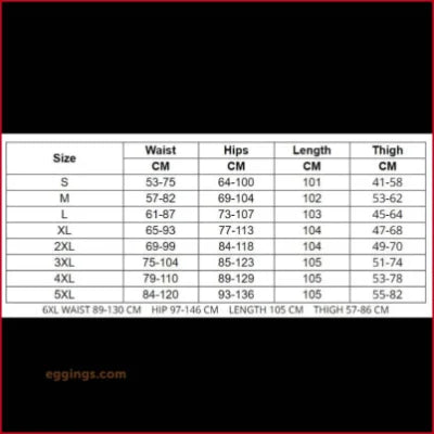 Size chart for Crystal Crotch Zipper Blue Leggings showing measurements from S to 6XL