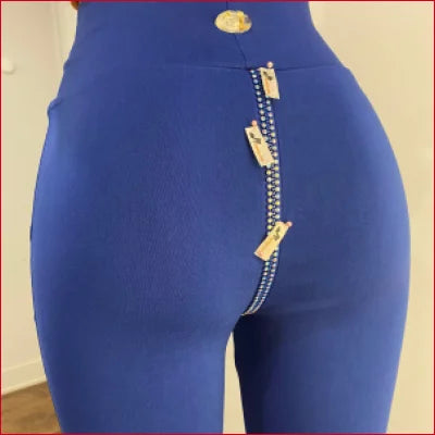 Crystal Crotch Zipper Blue Leggings featuring decorative zipper detail in vibrant blue