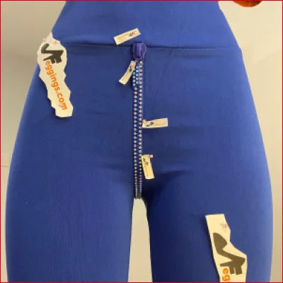 Blue leggings with crystal crotch zipper and decorative stickers for all sizes