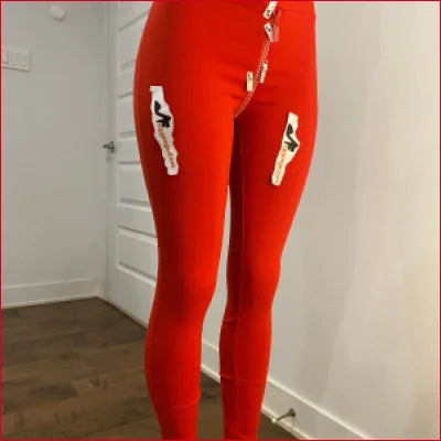 Crystal Crotch Zipper Red Leggings