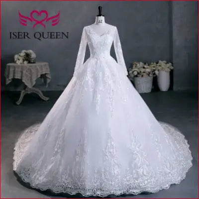 Customized Beaded Pretty Lace Appliques Wedding Dress A line Long Sleeves V neck Plus Size Wedding Dresses For Women WX0303 - WHITE / Floor