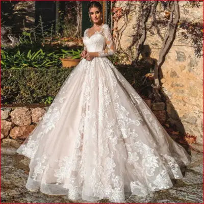 Customized Luxury Ball Gown Vestidos De Novia Appliques Vestido De Noiva Long Sleeve Wedding Dresses Lace Robe De Mariée - All Ivory
