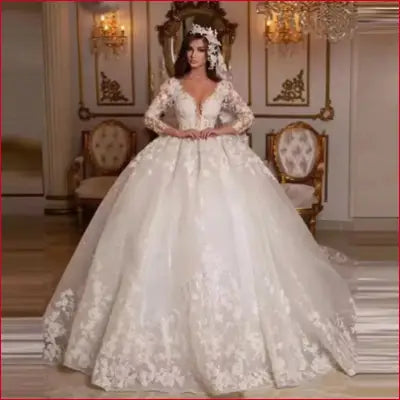 customized Vintage Lace Wedding Dresses Princess Ball Gown Beading Bridal Gowns Shinny Tulle Long Sleeves Dubai Marriage Dress - WHITE / 6
