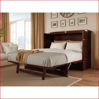 Deerfield Murphy Bed Chest Full Walnut with bedding for stylish space-saving solutions