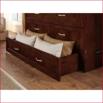 Brown wooden dresser with open drawer from Deerfield Murphy Bed Chest for stylish storage