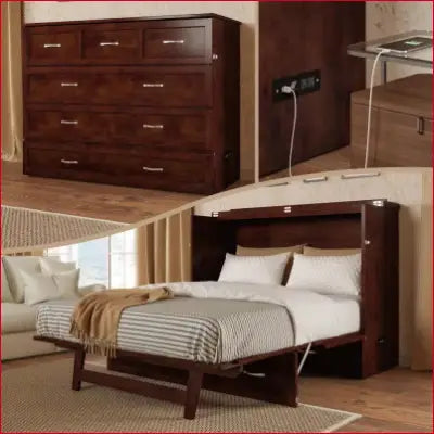 Dark wood Deerfield Murphy Bed Chest Full Walnut with Charger for space-saving functionality