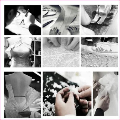 Collage of black and white photos of detachable train embroidered lace gown creation