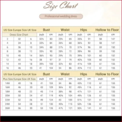 Size chart for women’s clothing measurements for Detachable Train Embroidered Lace Gown