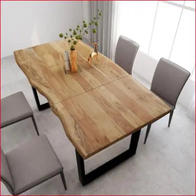 Wooden dining table with solid acacia wood top and metal black table legs for home