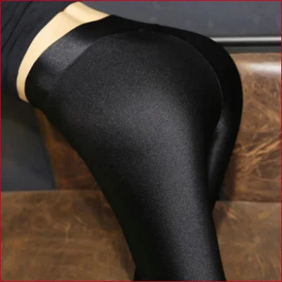 Black spandex disco leggings with light-colored waistband for a stunning look