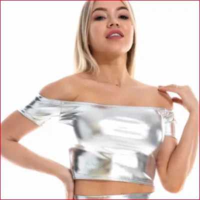 Metallic silver Disco Crop Off Shoulder Top perfect for party wear and wedding events