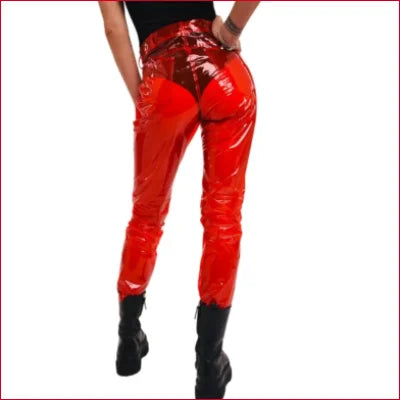 Shiny red Disco Styled Vinyl Plastic Trousers with black ankle boots for all sizes