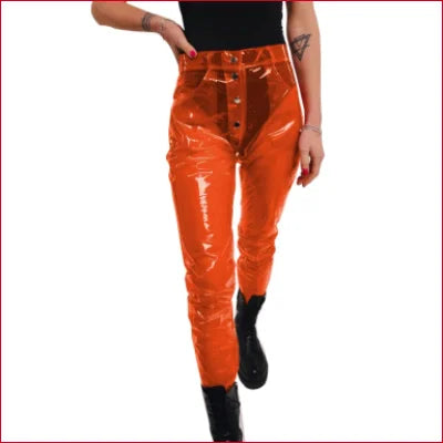 Bright orange high waist disco styled vinyl plastic trousers in sizes S to 7XL