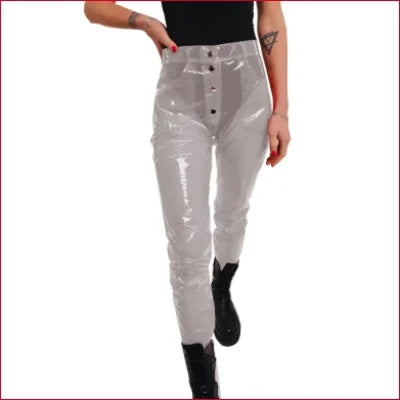 Shiny silver disco styled vinyl plastic trousers with button-front closure for all sizes