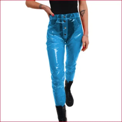 Bright blue disco styled vinyl plastic trousers with elastic waistband for all sizes