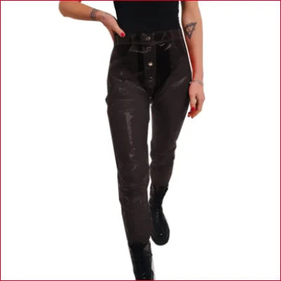 Black high-waisted vinyl plastic trousers styled for disco, available in sizes S to 7XL